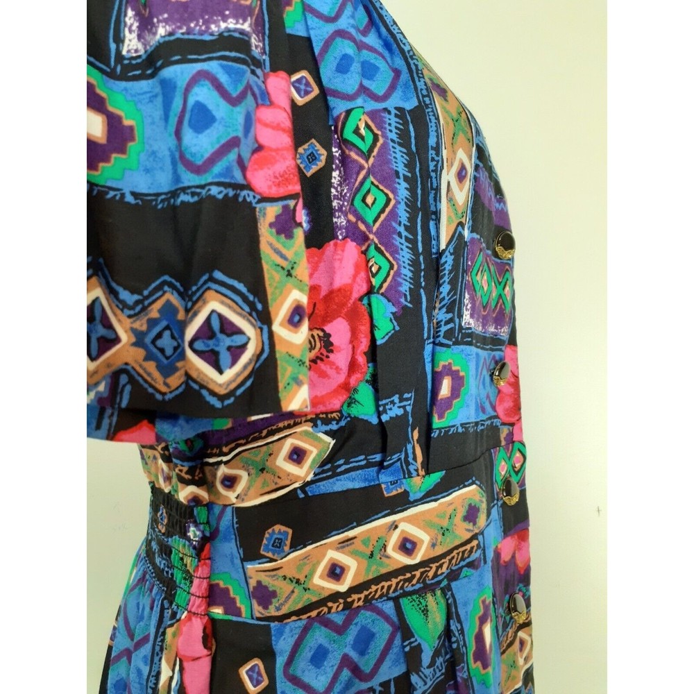 Vtg 80's Special Effects Midi Dress MP Black Floral Aztec Vibrant Smocked Rayon - Picture 8 of 13